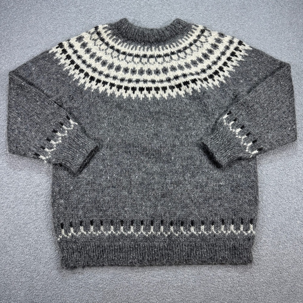 Handmade Fair Isle Wool Sweater Size XL Gray Nordic Chunky Knitted Pullover.